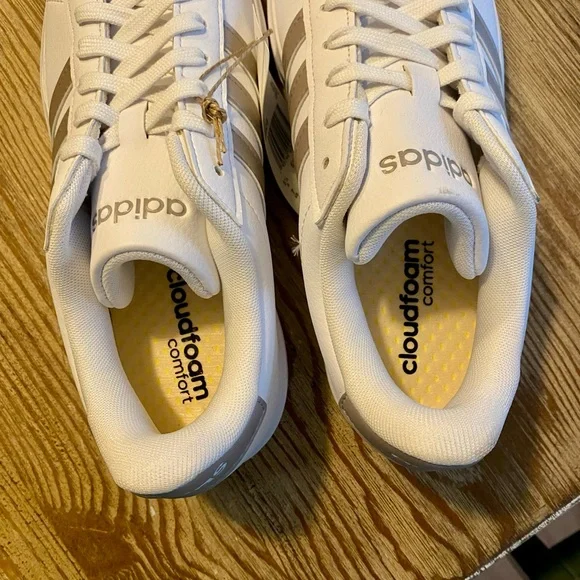 Adidas Court Shoes 2.0 Cloud Foam White Leather Platinum Stripe Comfort Sneakers - Picture 15 of 16
